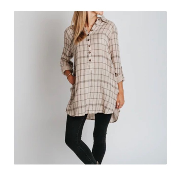 Piper & Scoot Tops - Piper and Scoot Plaid Tunic The Wilder Plaid Half Tunic in Taupe 
Small